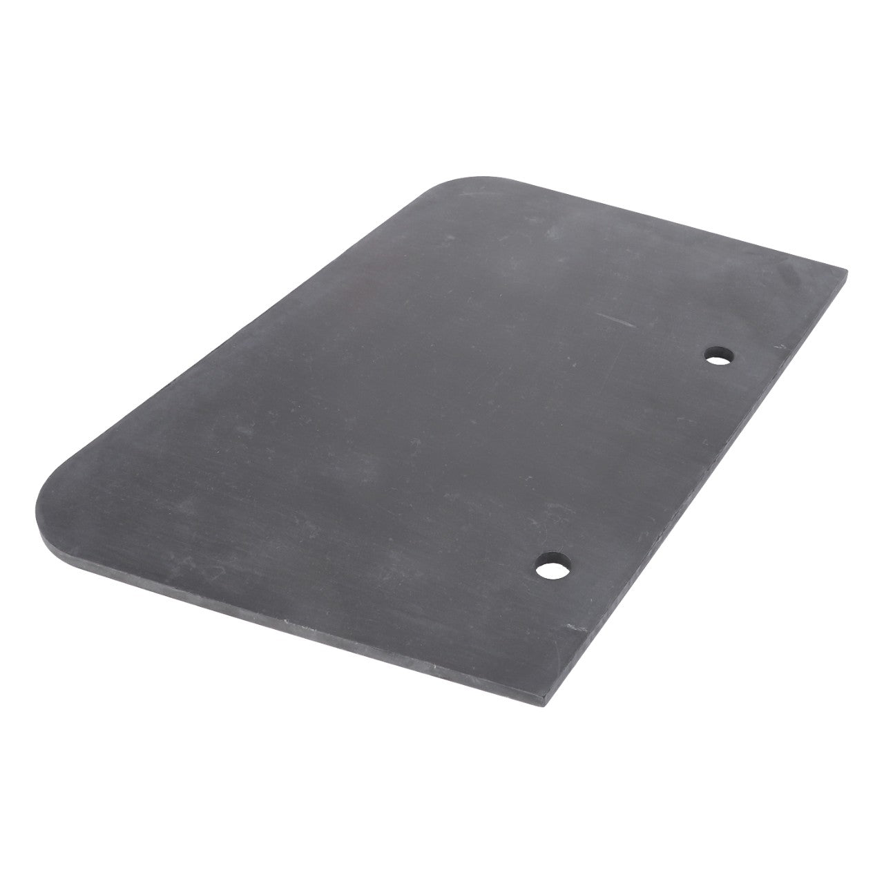 Flat, rectangular metal plate with two holes near one edge and a rounded corner on the opposite side, specifically designed for Massey Ferguson models. Product Name: AGCO | Fender, Extension, Left - 4388818M1 by AGCO.