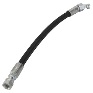 Sorry, no current product description information is available for this black hydraulic brake hose with metal fittings on both ends, one straight and the other angled.