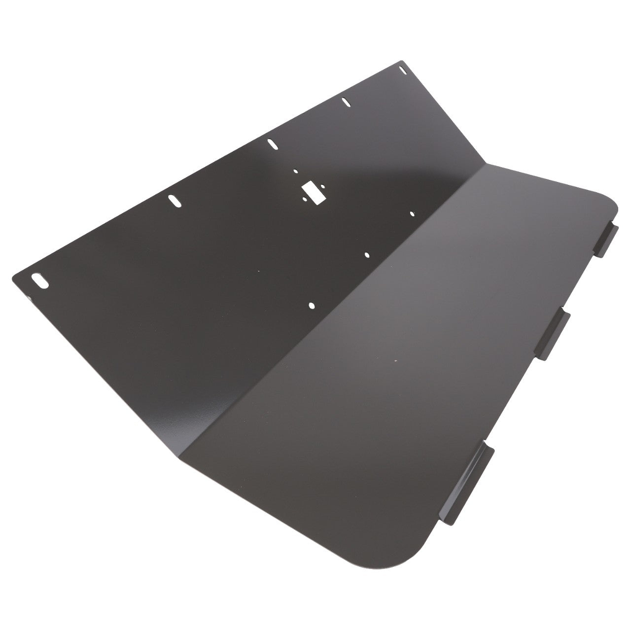 The AGCO Discharge Cover - Acx238944A is a black metal bracket featuring multiple mounting holes and rectangular cutouts, designed for wall or surface installation. Please note that no current product description information is available.