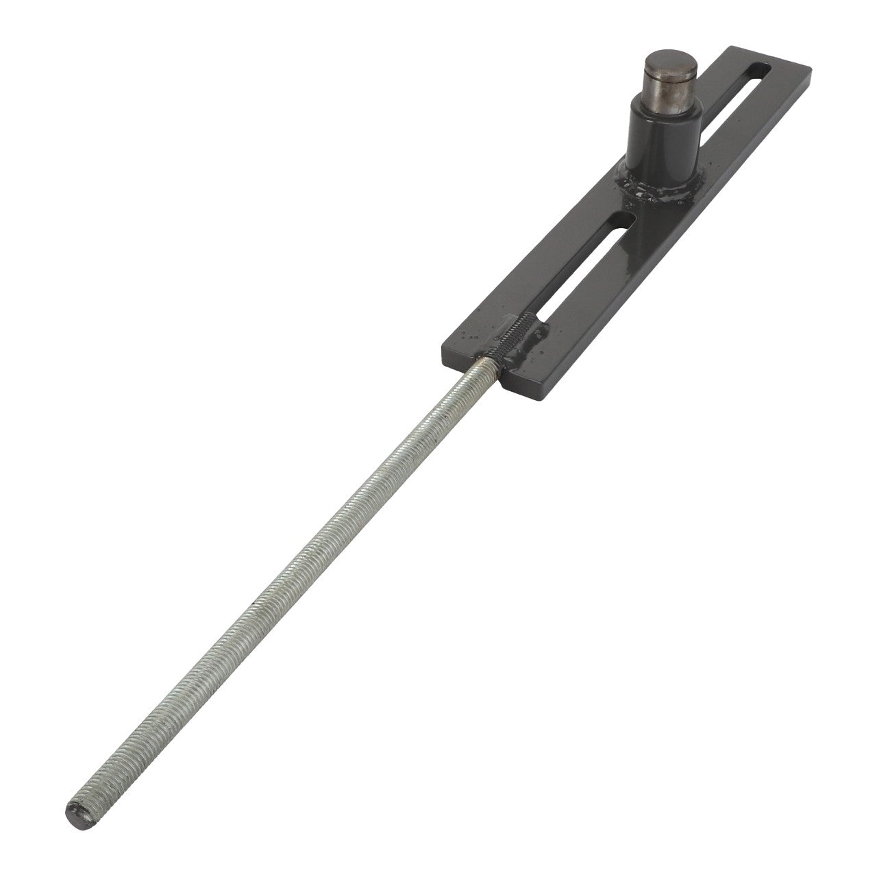 AGCO | Support - La322002350 by AGCO is a metal aligning tool featuring a threaded rod attached to a black rectangular base, which includes two elongated slots and an upright cylindrical component. Product description information is not currently available.