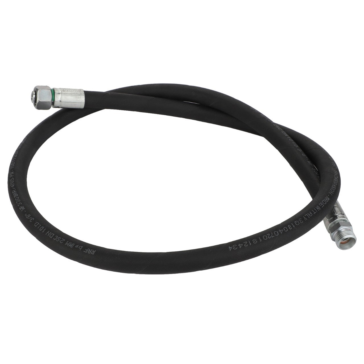 Introducing the AGCO | Hydr. Hose - Acw3727380, a coiled black hose with metallic fittings on each end, specifically designed for fluid transfer in hydraulic systems.