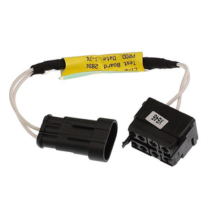 Two black electrical connectors with attached wires and a yellow label containing the product information for AGCO | Harness - Acw0600280. However, no current product description information is available.