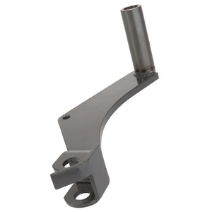 The AGCO Arm - La322041450 is a metallic industrial machine bracket featuring a cylindrical attachment and two mounting holes.