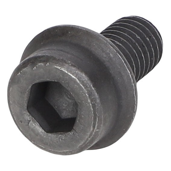 There is no current product description available for this close-up image of the AGCO LOCK SCREW - F931202040040, a black hex socket head cap screw with a partially threaded shank from the brand AGCO.