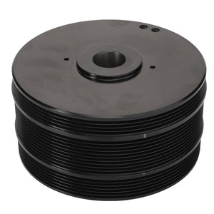 A black, multi-grooved pulley wheel with a central hole and two smaller holes near the edge, used in mechanical systems. Product Name: AGCO | Water Pump Multi-Ribbed Pulley - Acw2496720. Brand Name: AGCO. No current product description information is available.