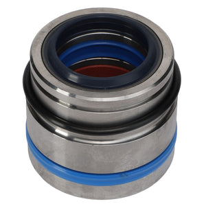 The AGCO Bearing - AL12706511 is a cylindrical metal bearing featuring blue and black rubber seals, meticulously designed for precise machine applications.