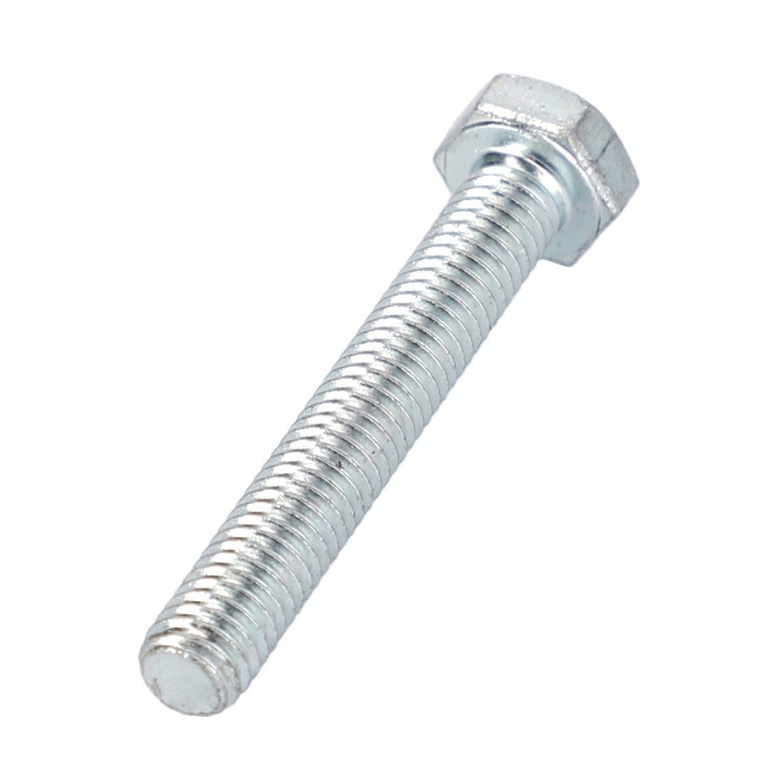 A close-up of the AGCO Hexagonal Head Bolt - X487521341000, a silver metal hex bolt with a threaded shaft reminiscent of the precision found in Fendt Vario machinery, resting diagonally against a white background.