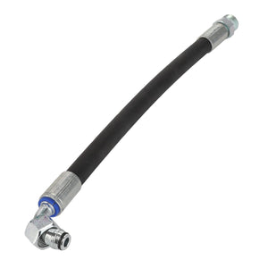 No current product description exists for the AGCO Hose - Acw2341620, a flexible black rubber hose with metal fittings, featuring one end bent at a right angle and the other straight.