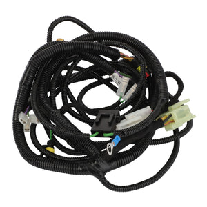 The AGCO | Harness - Acp0318140 is a coiled automotive wiring harness featuring an array of connectors and sleek black corrugated tubing, manufactured by AGCO.