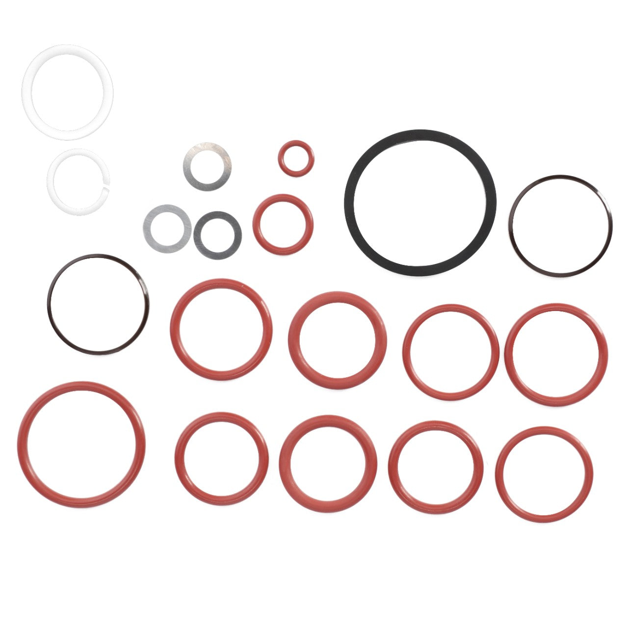 A collection of various-sized components from the AGCO Seal Kit, Directional Valve - F117961022010, including rubber O-rings, gaskets, and metal washers, arranged on a white background.