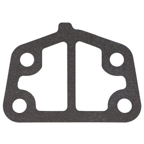 A black, flat gasket with four circular holes and a central divider, known as the AGCO Joint - 3641762M1, designed for Massey Ferguson models.