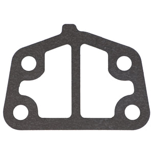 A black, flat gasket with four circular holes and a central divider, known as the AGCO Joint - 3641762M1, designed for Massey Ferguson models.