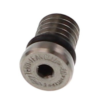 Close-up of a metallic threaded screw with a hexagonal Allen socket and detailed markings on the head, perfect for your next project. Introducing the AGCO | PORT PLUG - ACP0165270 by AGCO. Consult our support team for ordering details or to find the right product description that fits your needs.