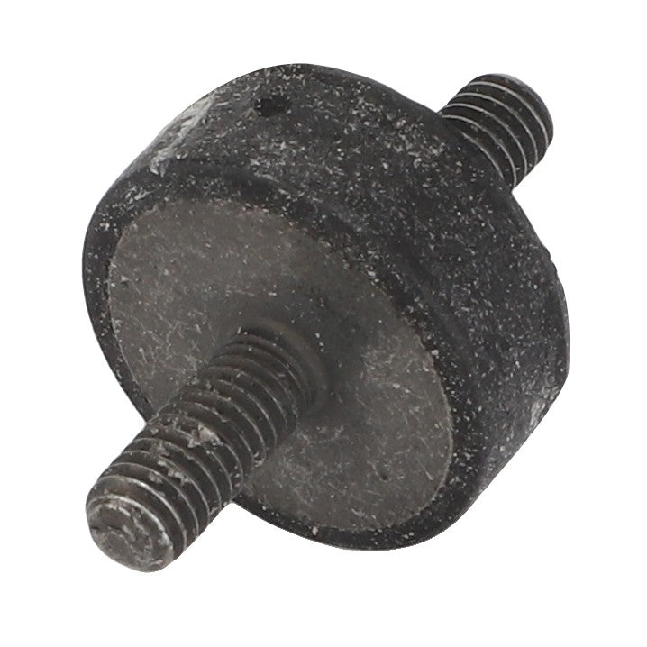 A metal bolt with a rubber gasket, featuring threaded ends for securing mechanisms, is available as the AGCO RUBBER SUPPORT - F718901010080 from the AGCO brand.