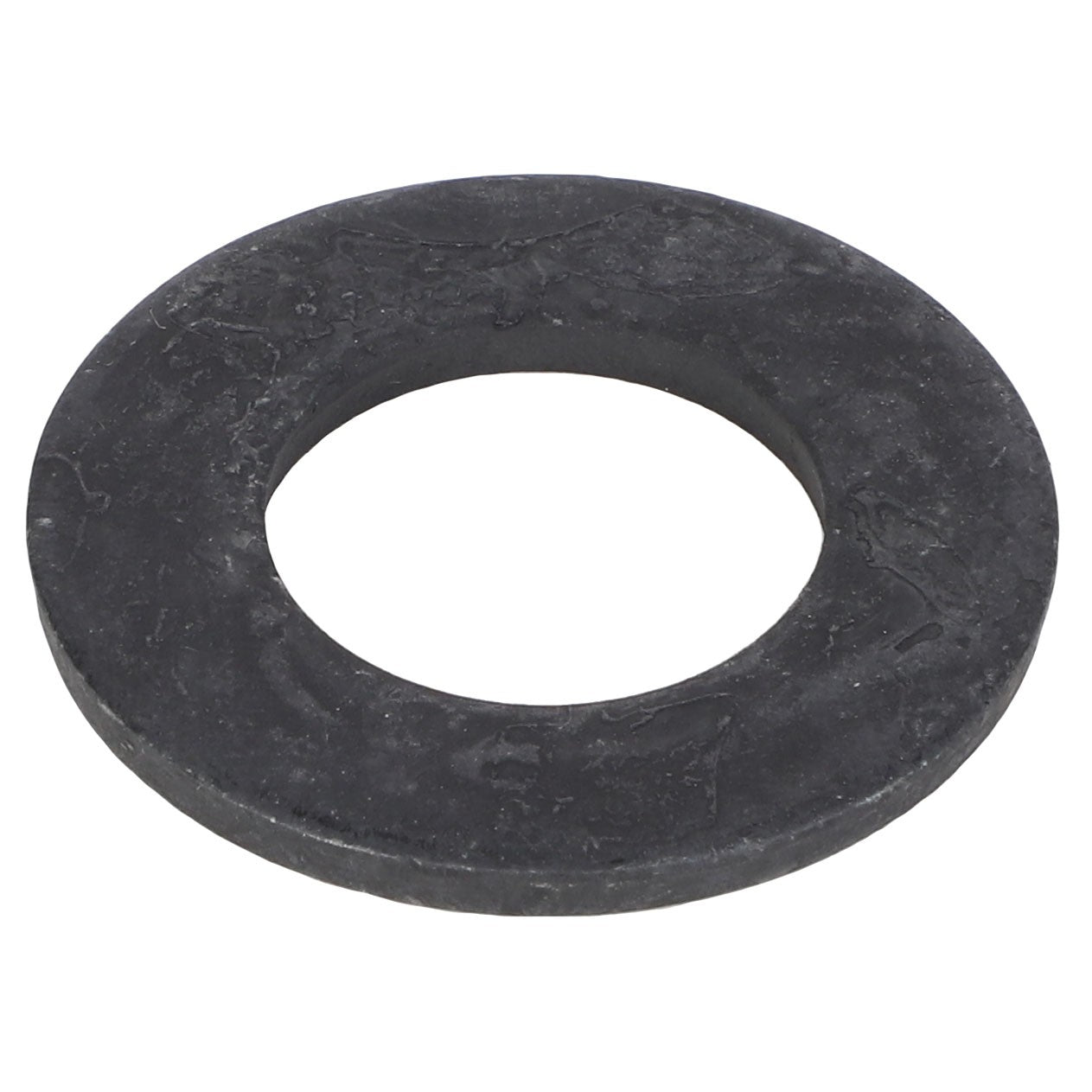 The AGCO FLAT WASHER - AG523369 is a flat, circular black washer with a hole in the center, designed for distributing the load of a threaded fastener. Further product description information is currently unavailable.