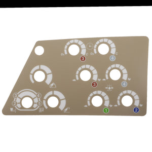 The AGCO Decal - Acp0424750 is a beige control panel featuring multiple cutouts and markings, including numbers and symbols in various colors, likely indicating different settings or functions. Note that no keywords are available for this product.