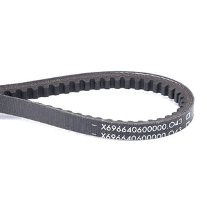 A black V-belt with teeth and white markings displaying the code "X696640600000" is shown in a looped shape on a white background, ensuring optimal performance for Fendt models. This product is an AGCO V-Belt - X696640600000.