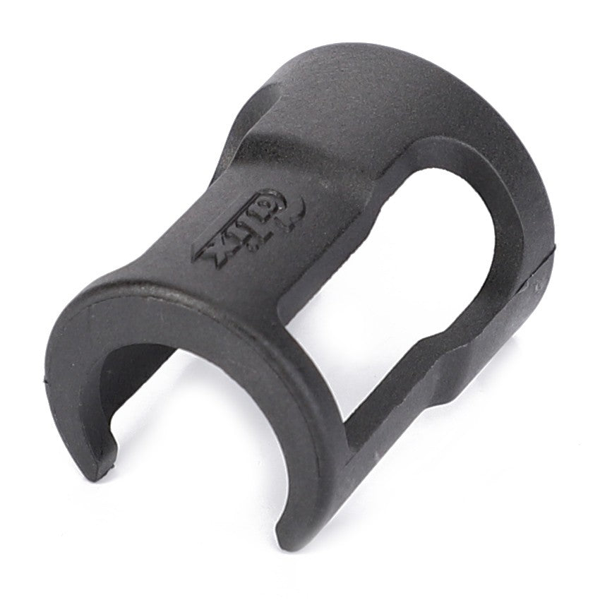 The AGCO Lock - V835340079 is a sleek black plastic clip-on component featuring open sides and a smoothly curved base.