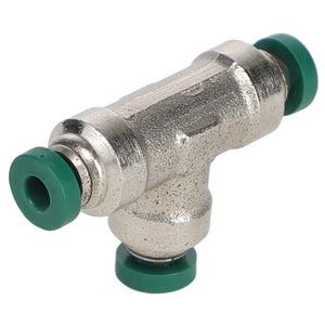 The AGCO T-PIECE - AG522757 is a metal T-shaped pipe fitting featuring green end caps, expertly designed for connecting tubing or hose.