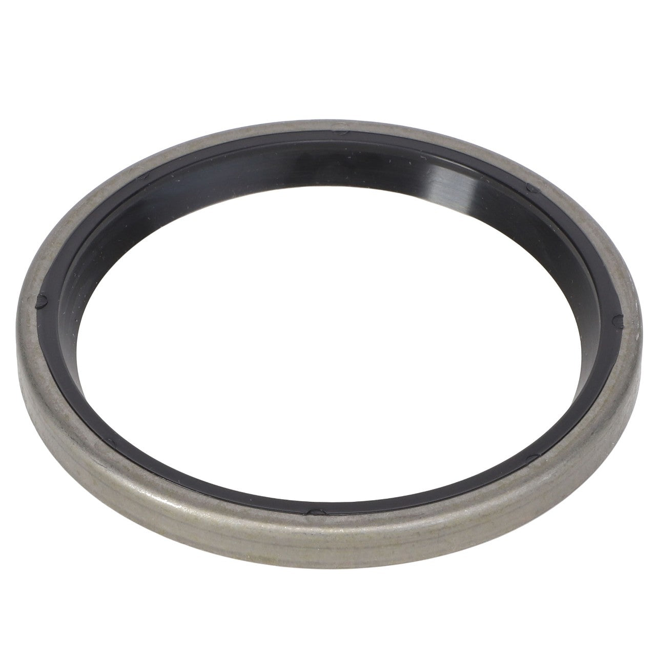 The AGCO | WIPER SEAL - AG522848 is a circular metal ring with a black inner lining, designed to function as a gasket or seal component for machinery or automotive applications. No additional product description information is available at this time.