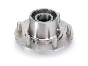 A close-up image of the AGCO Hub Kit With Bolt And Nut (Acw3060190) metal wheel hub assembly, featuring five bolts and a circular opening in the center, isolated on a white background. Please note, no current product description information is available.