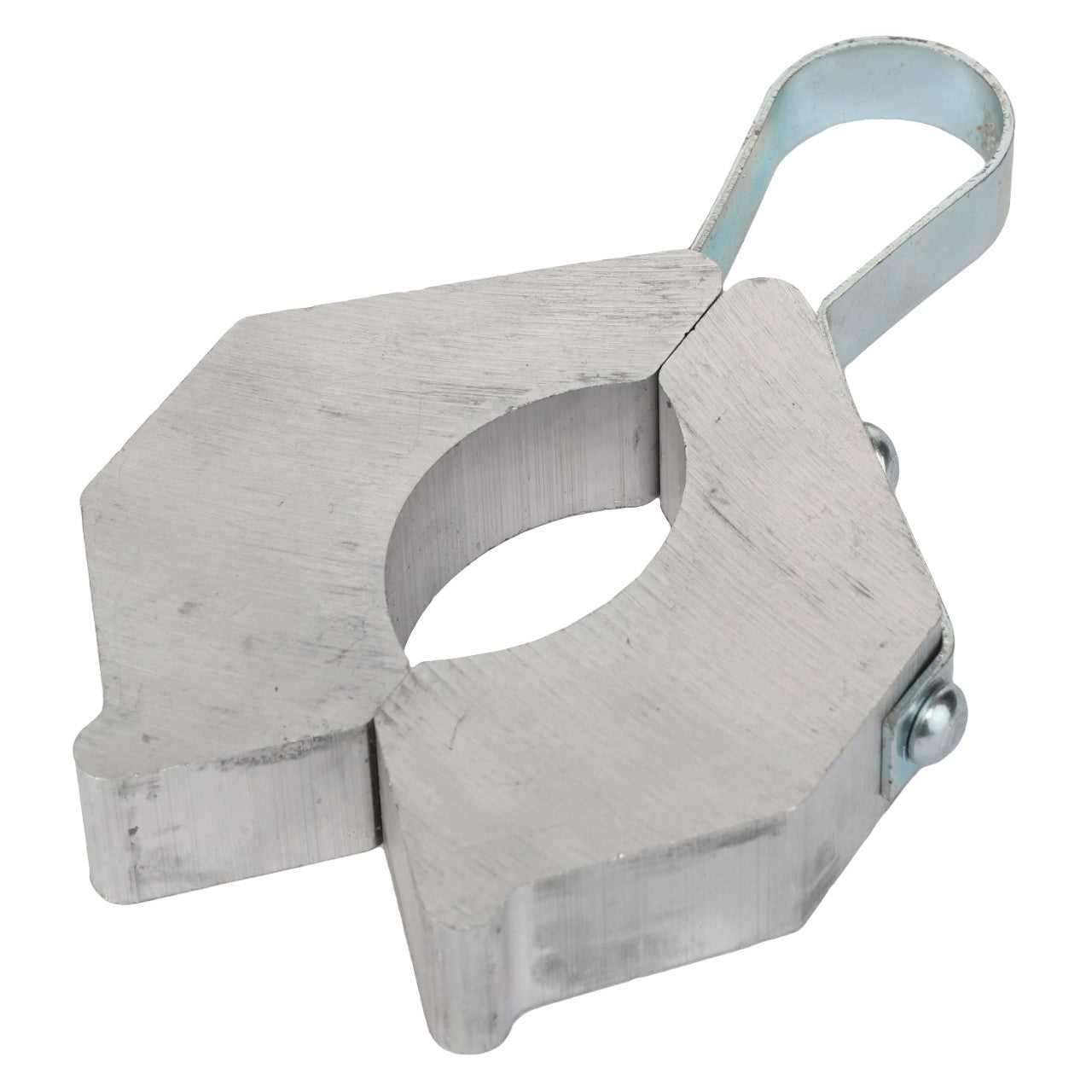 Introducing the AGCO CYLINDER STOP - ACP0020810, a premium metal clamp featuring a circular opening and a secure screw fastener, expertly designed for holding or securing objects. For product support or inquiries about ordering, please contact our team.