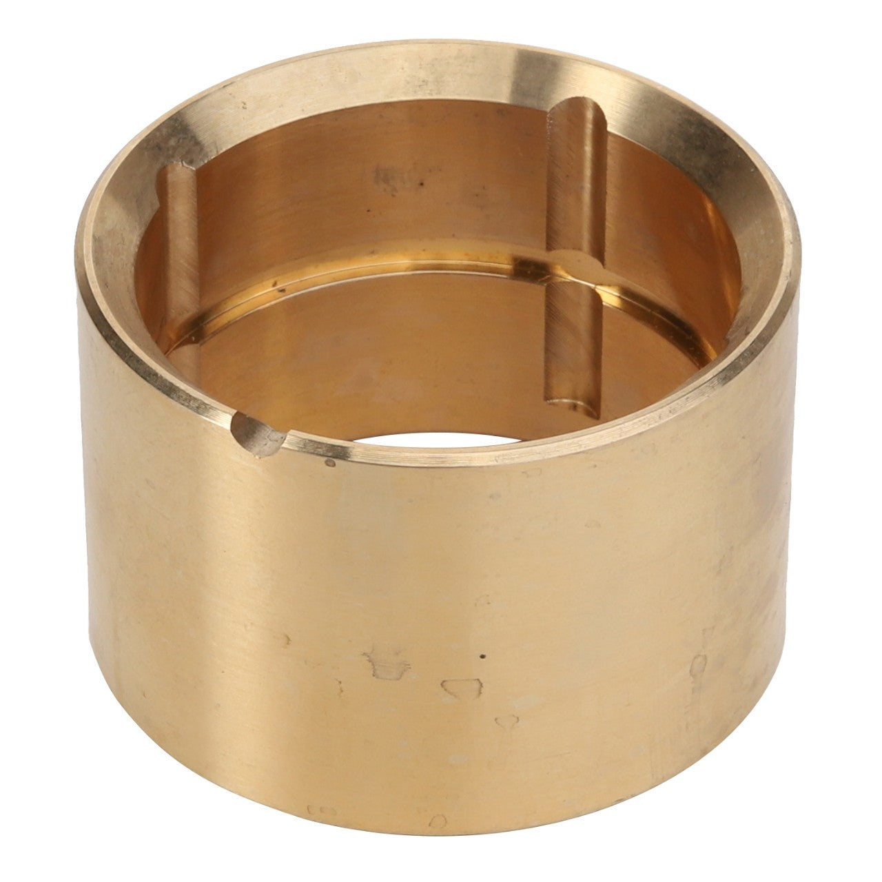 The AGCO brass cylindrical collar, product code D49066900 from AGCO, features three evenly spaced vertical grooves on the interior and a single small notch on the outer edge. No additional product description information is currently available.