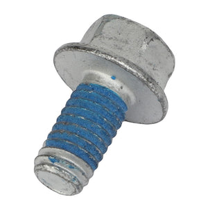 A close-up view of the AGCO Hex Flange Capscrew - Acx2179280, featuring a metallic hex head with a built-in washer and blue threadlocker applied to the threads.