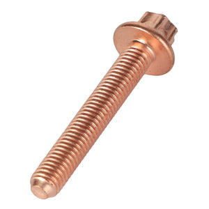 The AGCO Hexagon Flange Bolt - F530200090630 is a brass-colored, precision-engineered screw featuring a flat washer-like head and a hexagonal shape at the top.