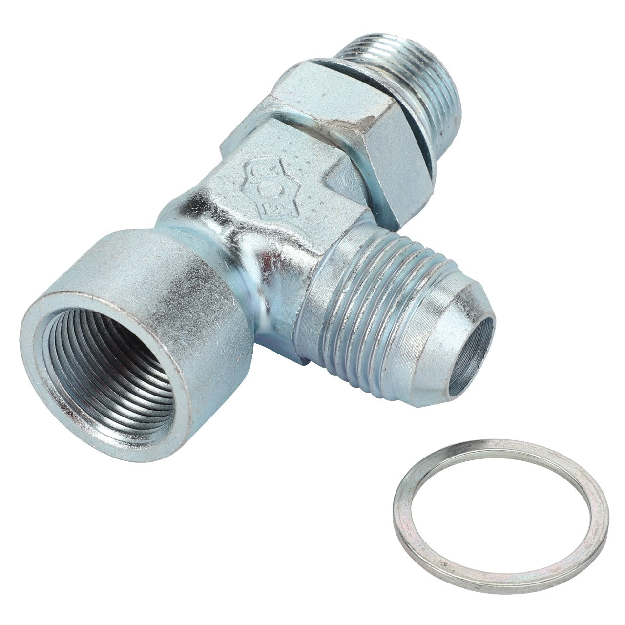 Product Name: AGCO | ADAPTER - AL11120456, a metal T-shaped pipe fitting featuring two male-threaded ends and one female-threaded end. A washer is positioned to the right of the fitting. Unfortunately, there is no current product description information available.