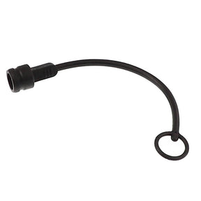 The AGCO | DUST PLUG - CH5R-5676, a black rubber dust cap with an attached loop, is designed to protect open ports or connectors from dust and debris. The cap is connected to the loop by a flexible strap, ensuring durability and secure closure.