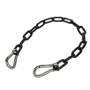 The AGCO | Chain Grain Bin - Acw1147330, produced by AGCO, is a durable black metal chain with high fatigue strength, featuring a carabiner clip at each end.