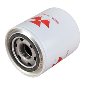 Close-up of a white cylindrical hydraulic filter with a metal base featuring multiple holes. The filter displays red text and a logo indicating it is an "AGCO" brand, specifically the "Hydraulic Filter Spin On - 3435446M1.