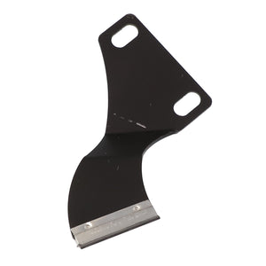 There is no detailed product description available, but it is a black utility knife scraper blade with two holes for attachment, known as the AGCO Scraper, Right Hand - Acp0299620.