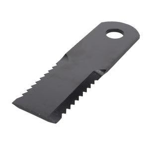 The AGCO | Straw Chopper Rotor Knife - Acw2848550 is a high-grade steel, black flat saw blade with serrated edges on both sides and a hole at one end, ideal for achieving uniform harvest cuts.