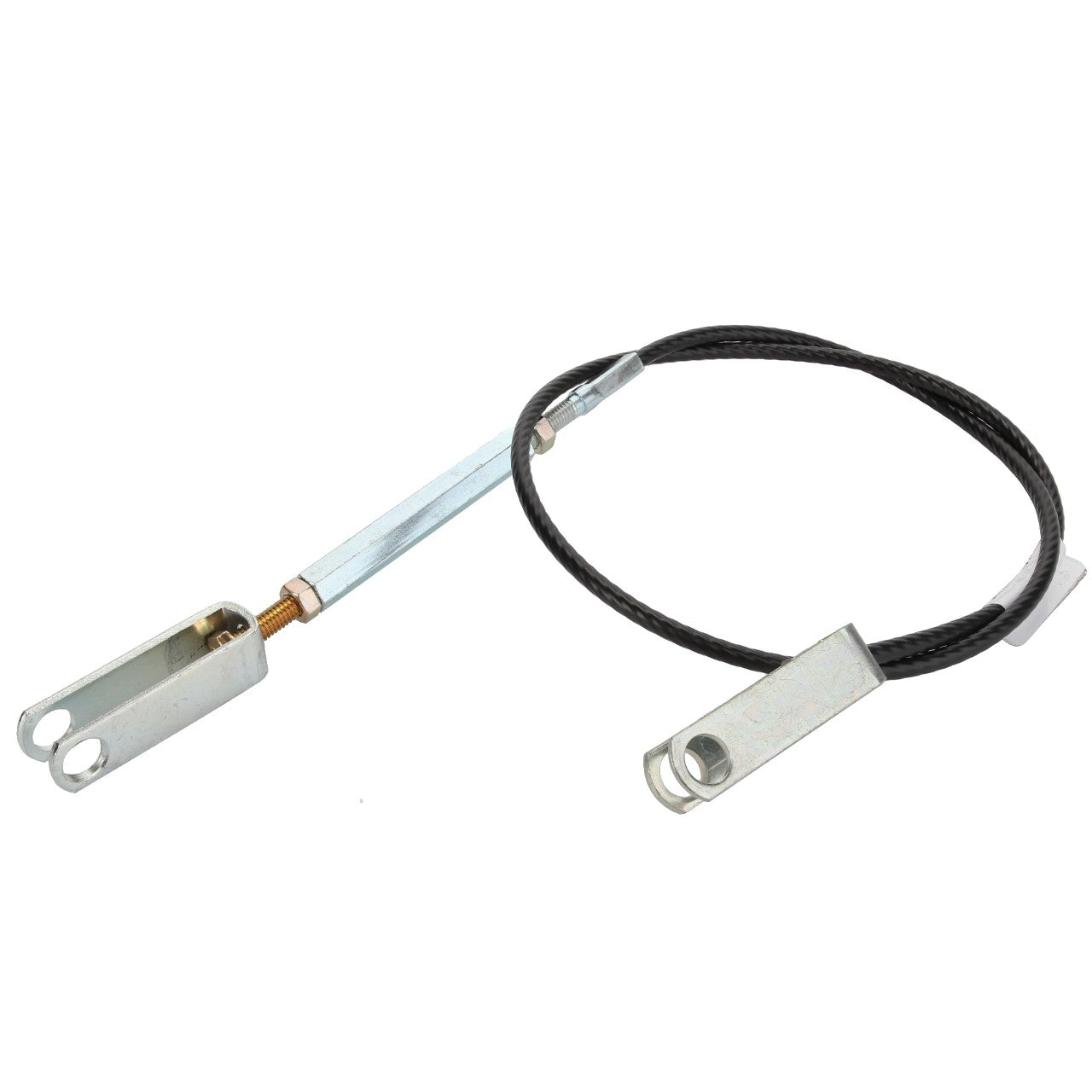 The AGCO Cable - Acx014934B is a metal adjustable strap featuring a cable and two mounting brackets on either end, with detailed specifications not currently provided.