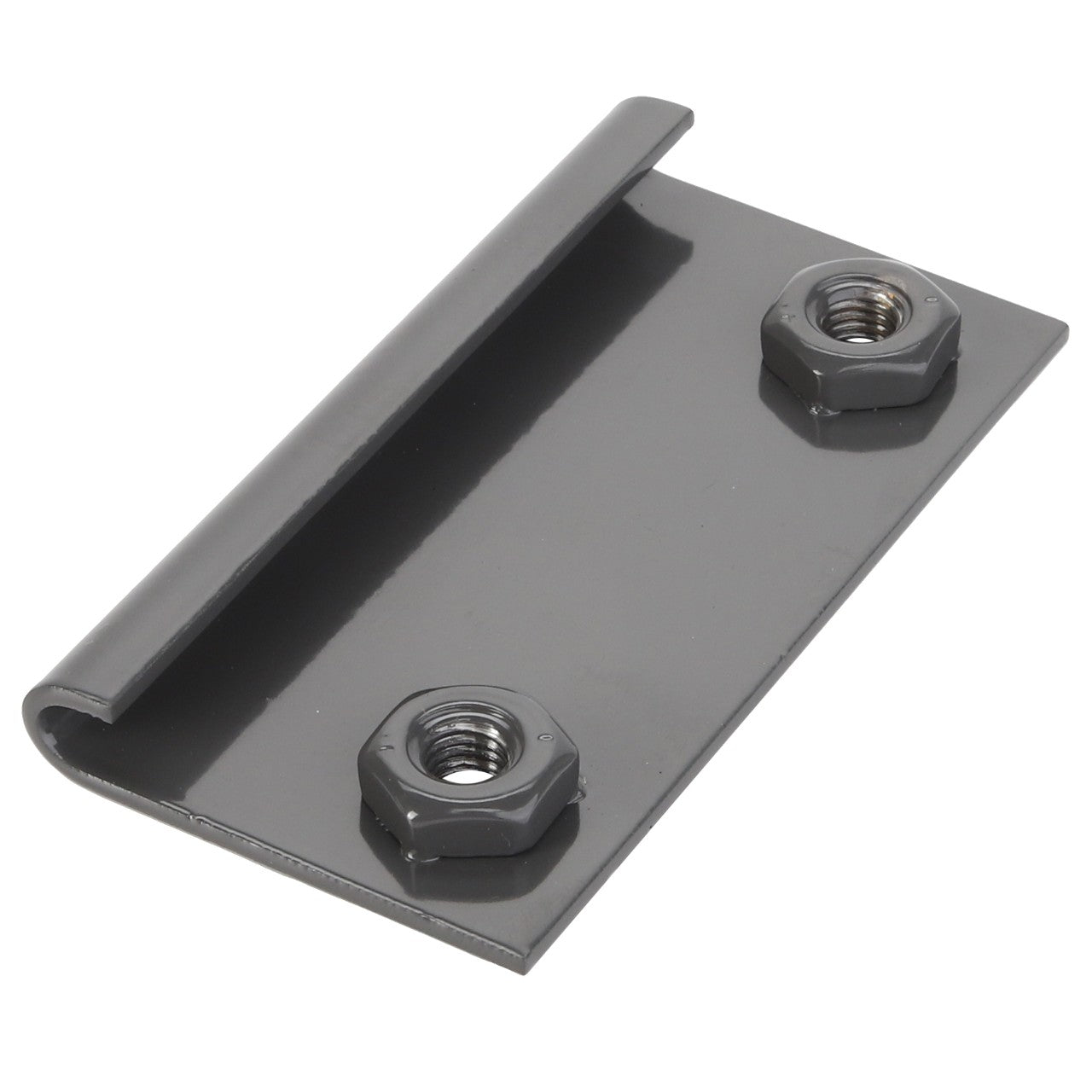 The AGCO Hinge - D28480417 is a flat, rectangular metal bracket that includes two attached hexagon nuts. Additional product description information is not currently available.