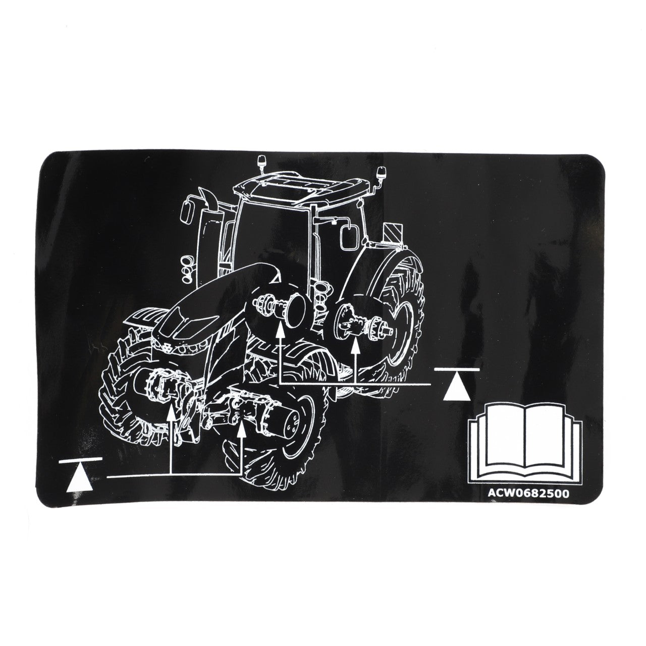 Diagram of a tractor printed on a black background with white lines showing various parts. An open book symbol is in the lower right corner along with the code "ACW0682500" and factory-engineered decals as seen in AGCO models, specifically the AGCO | Decal, Safety - ACW0682500.