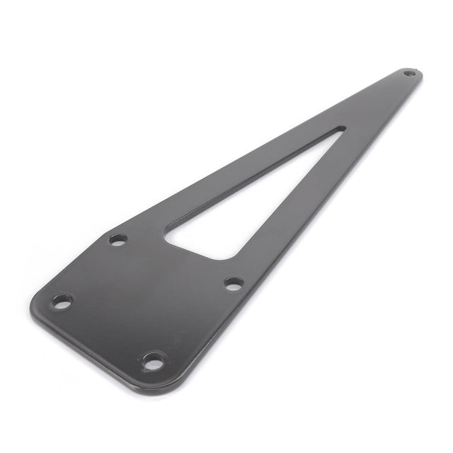 The AGCO Bracket - 7063697M1 is a flat, black metal bracket featuring a triangular cutout and five holes, designed specifically for MF 7360 and compatible with Massey Ferguson and Fendt models.