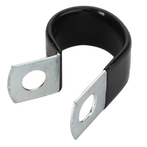 The AGCO | Clip - Acp0004560 by AGCO is a metal O-clamp with a sleek black rubber coating, featuring two flat ends with circular holes for secure mounting.