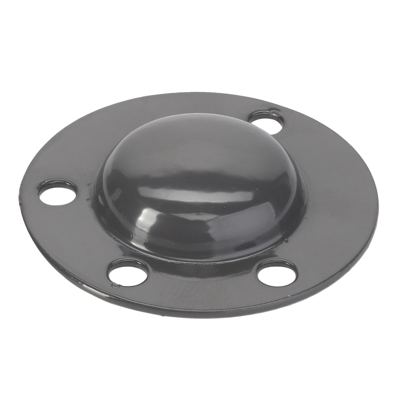 The AGCO Bearing Cover - La300016273 is a round metal cover featuring a central raised dome and four evenly spaced holes around the perimeter, designed to prevent ingress.