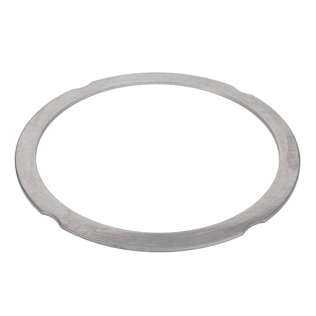 A flat, circular metal gasket known as the AGCO Compensating Ring (F390200210140) from the AGCO brand features a smooth surface and three slight indentations equally spaced around its outer edge. No Current Product Description Available.