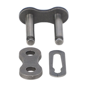 The AGCO | CONNECTOR LINK - K4190A by AGCO is a metal bike chain connecting link comprising three parts: a main link with pins, a double-holed plate, and a small rectangular locking piece. Its sturdy construction ensures reliability and durability.