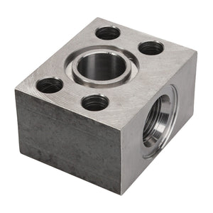 Product Description: The AGCO | ADAPTER - D28184481, from the reputable brand AGCO, is a machined metal block featuring a central cylindrical hole and four smaller surrounding holes on its top surface.