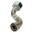 The AGCO Tube - Acw170049A is a metal hydraulic hose fitting designed with a 90-degree bent tube. It features a threaded nut on one end and a flange connection on the other. No current product description information is available for this AGCO product.