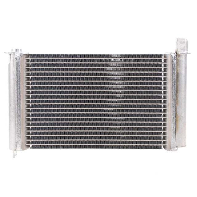 An AGCO Oil Cooler, Oil To Air Type - H743100510123, is a metal heat exchanger with parallel fins and cylindrical connectors on the sides, typically used in cooling systems to maintain optimal oil temperature in Fendt models.