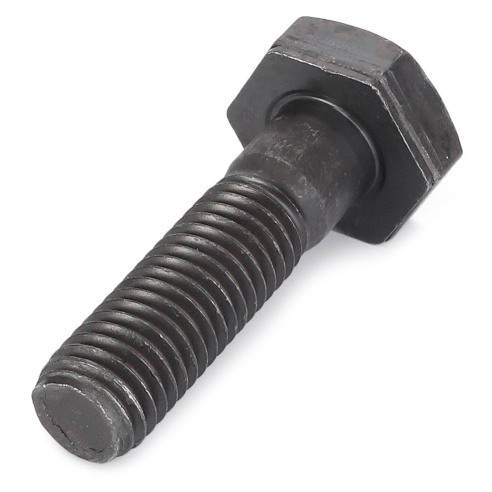 A close-up of an AGCO | Bolt - 3785561M1, a black hex bolt with a threaded shaft and hexagonal head, lying on a white background, compatible with Fendt fitment.