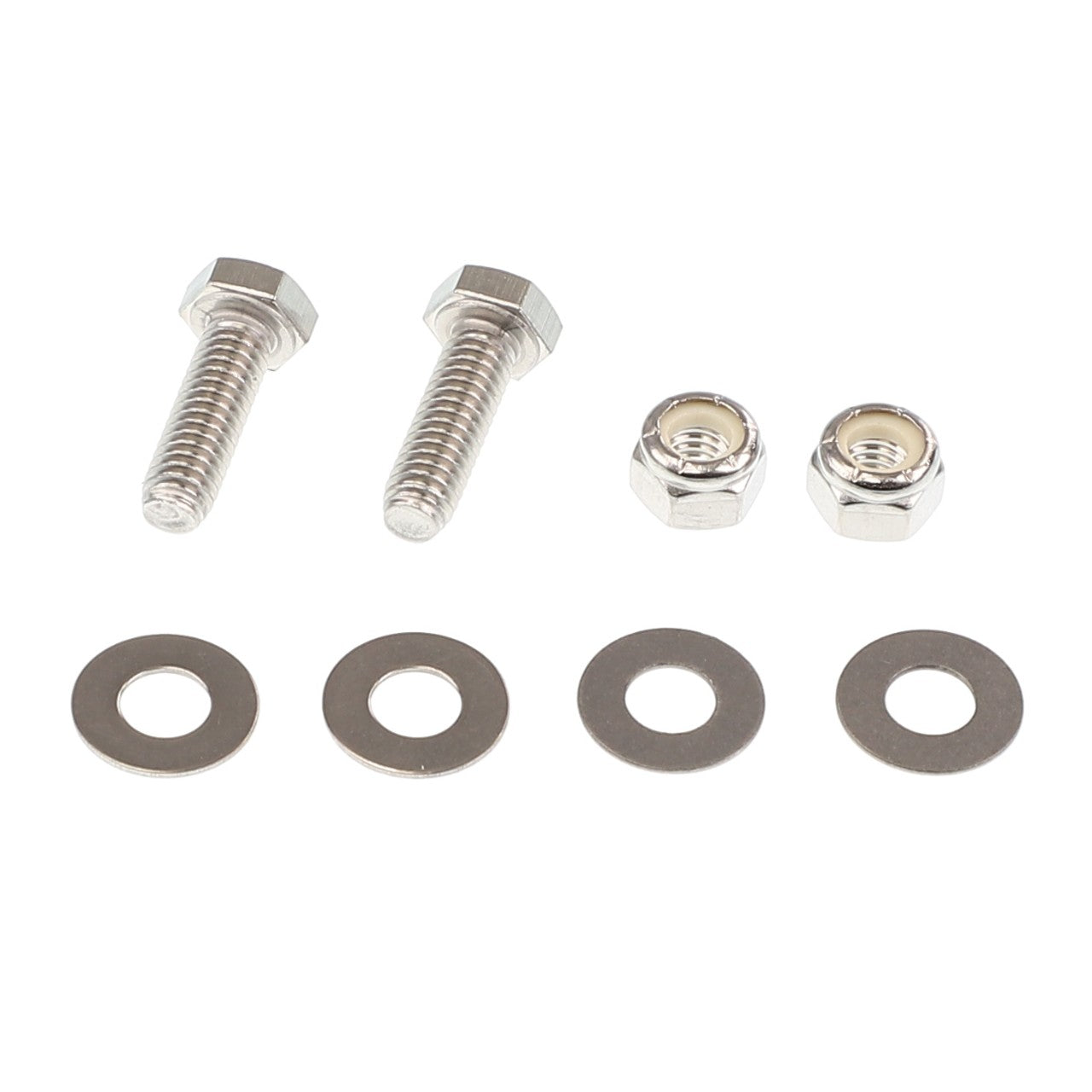 AGCO | HARDWARE PACKAGE - AG333434, featuring two bolts, two nuts, and four flat washers from the AGCO brand, meticulously arranged in a row on a pristine white background.