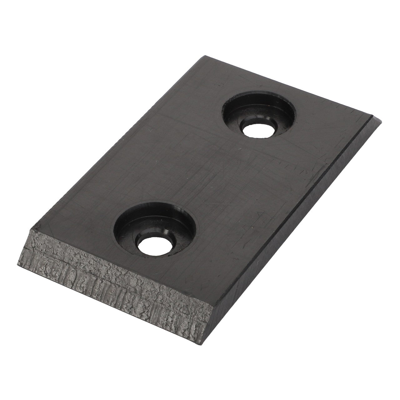 AGCO | Plate - La321943850, a rectangular metal component with two circular holes and a single beveled edge.