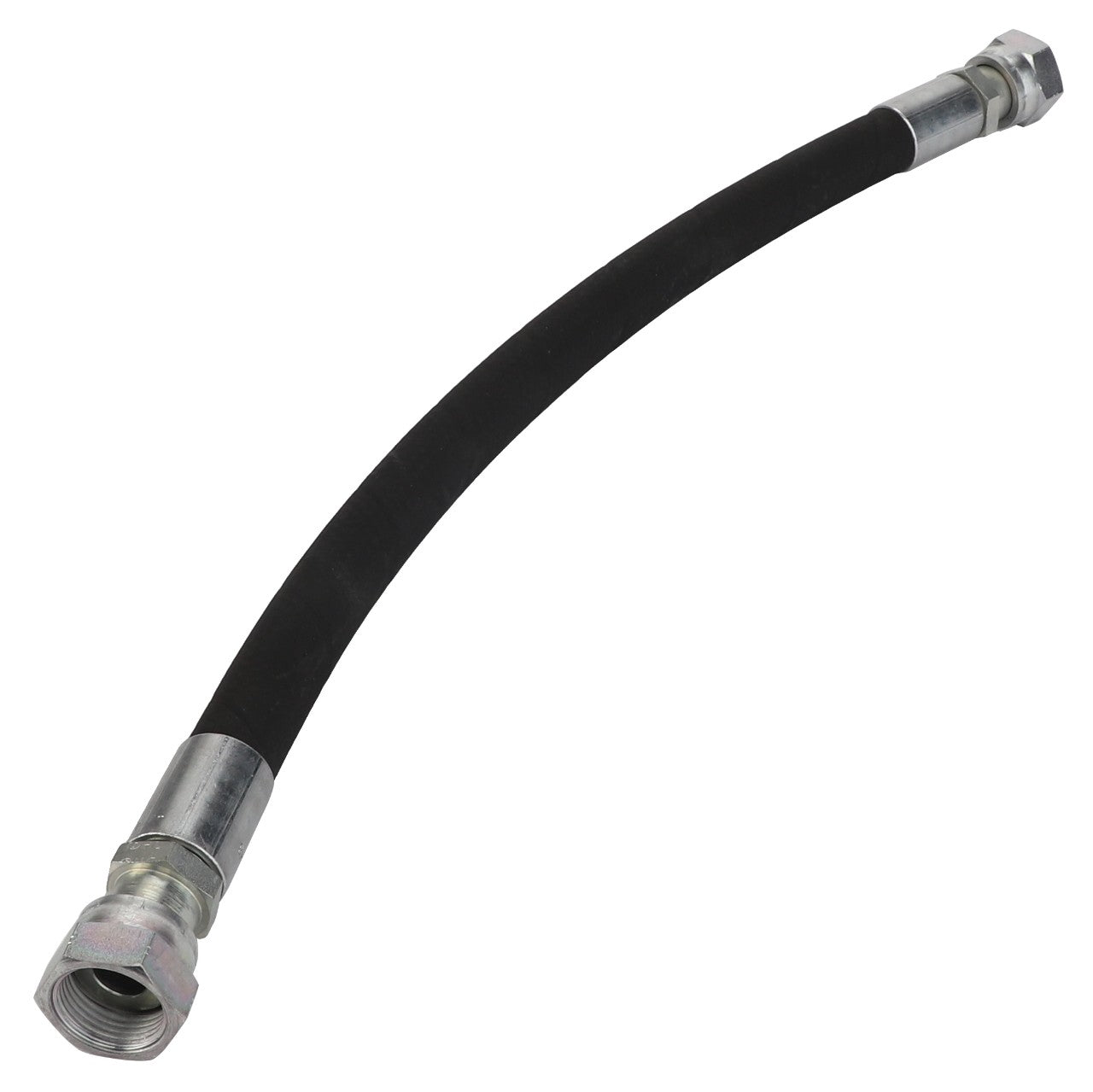 The AGCO Hydraulic Hose - Acw3484540 is a black rubber hose featuring metallic connectors on both ends and a slight curvature. Further product description information is currently unavailable.